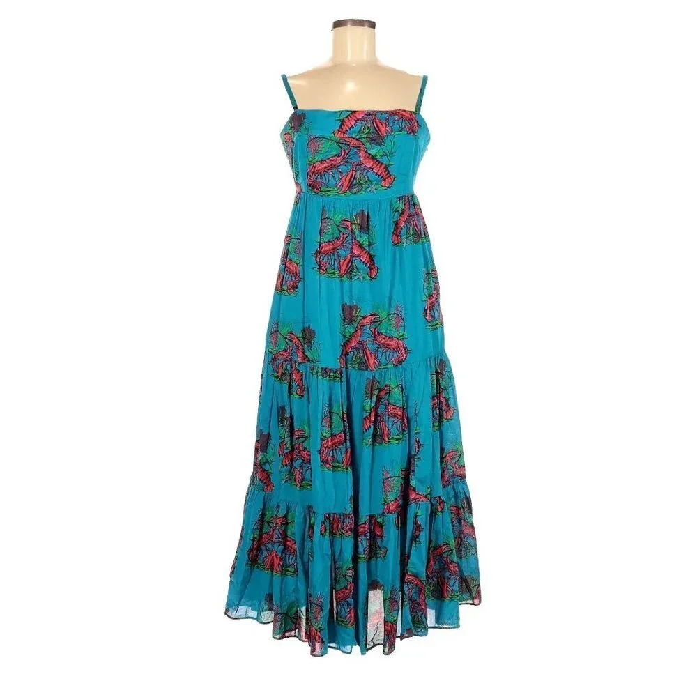 NWT J.Crew Tiered Maxi in Ultramarine Red Lobster Print Cotton Sun Dress 8